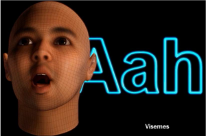 The image represents a ‘viseme’ (a representation of a character from the lip-synch software making a sound). In this image from McRO, Inc. v. Bandai Namco Games America, the character is making the ‘aah’ sound, which corresponds to one component of a more complex and programmable speech pattern.